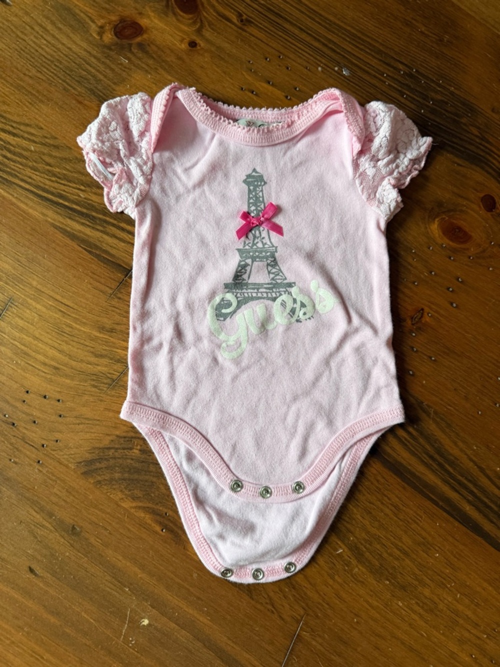 Guess- Pink Eiffel Tower Lace-Sleeve Baby One-Piece